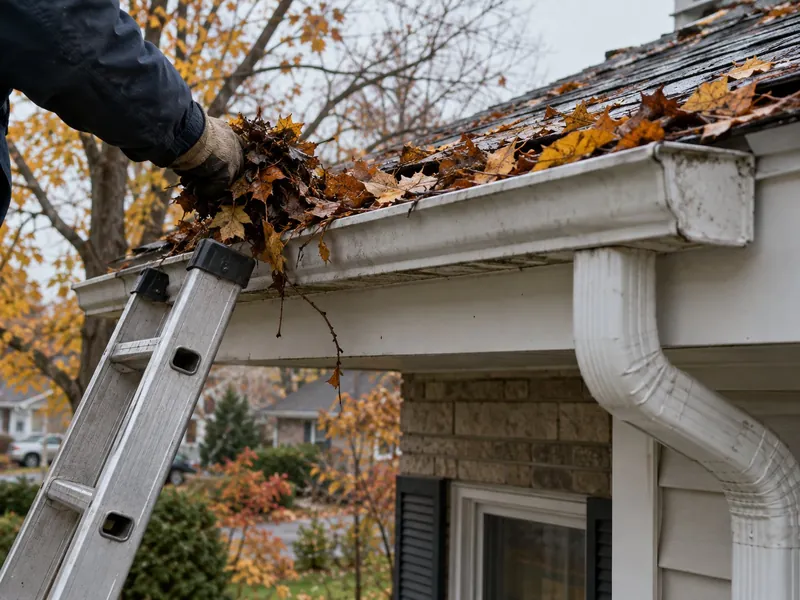 Gloved hand clearing wet leaves from a white eavestrough, a ladder against the fascia and a downspout at the corner