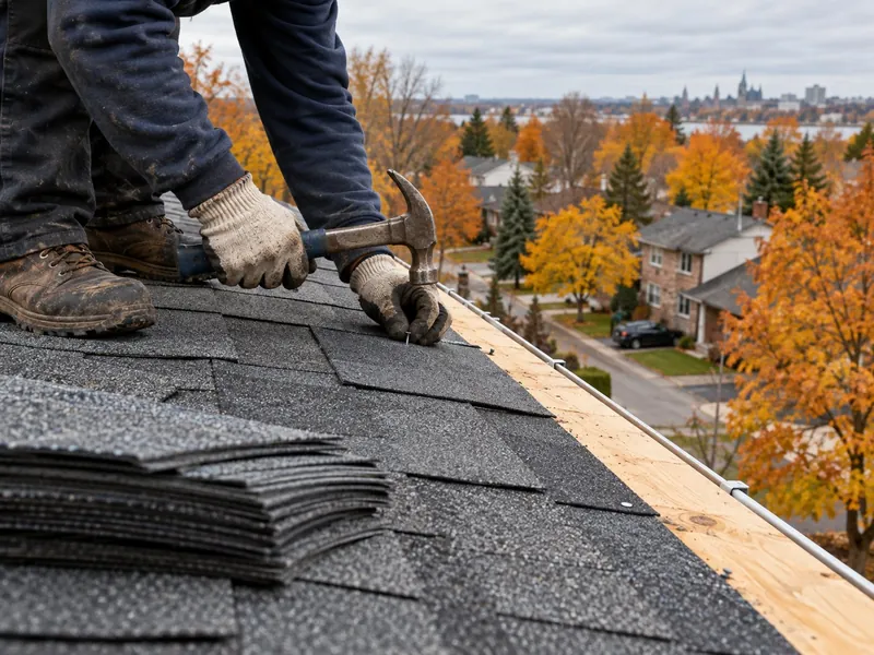 Gloved hands nailing new asphalt shingles on a pitched roof, a stack of shingles beside, an autumn Ottawa suburb below
