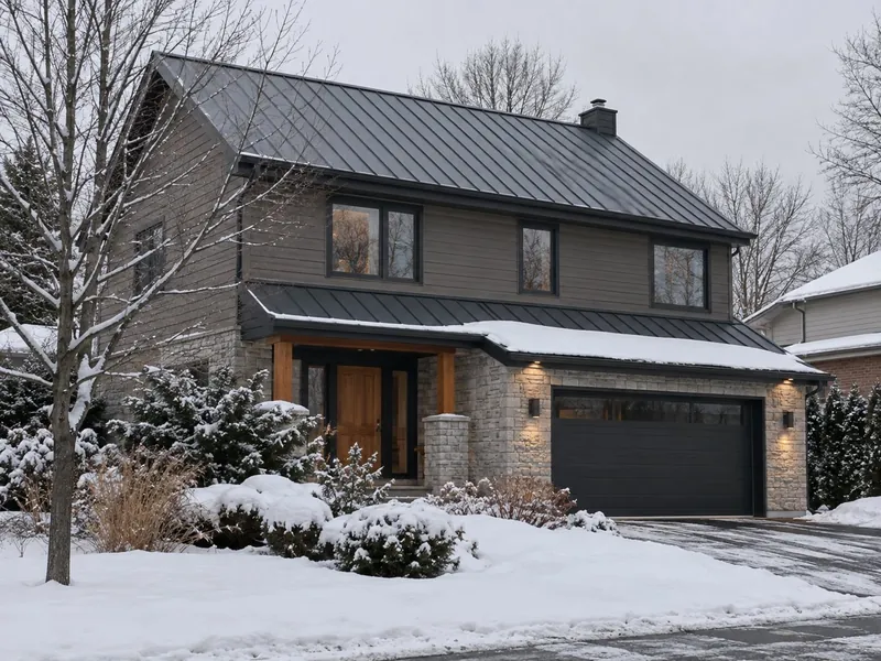 Two-storey house with a dark standing-seam metal roof, snow on the lawn and shrubs