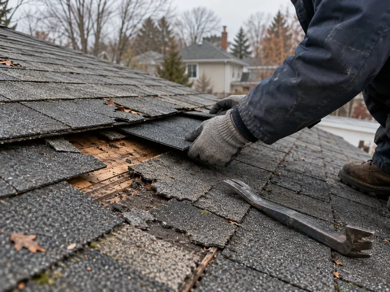 Gloved hand sliding a new shingle into a torn patch of an old asphalt roof, bare deck boards showing, a pry bar beside